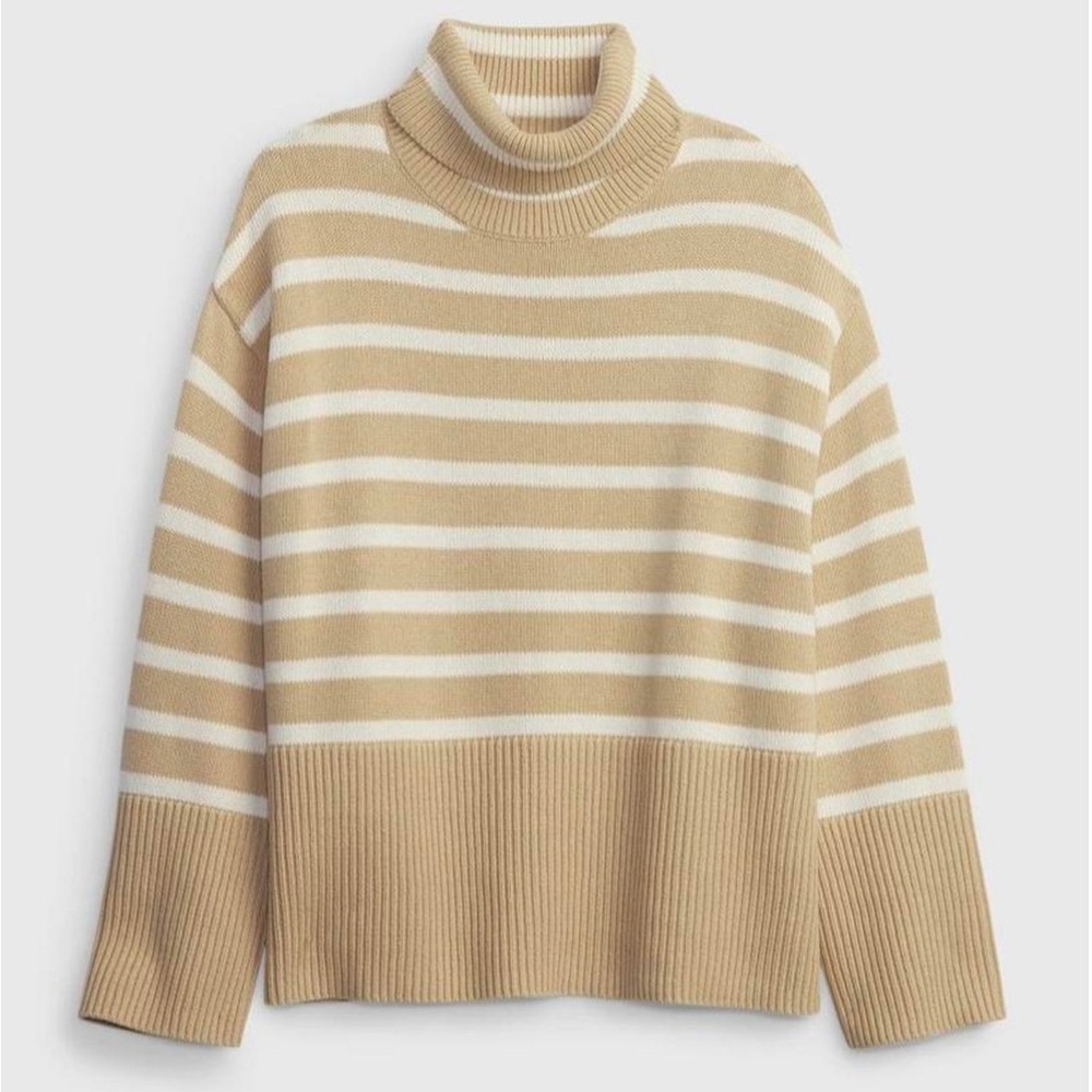 GAP 24/7 Split Hem Turtleneck Sweater 2X Camel Stripe Tan Cream Oversized Chunky - Picture 1 of 8